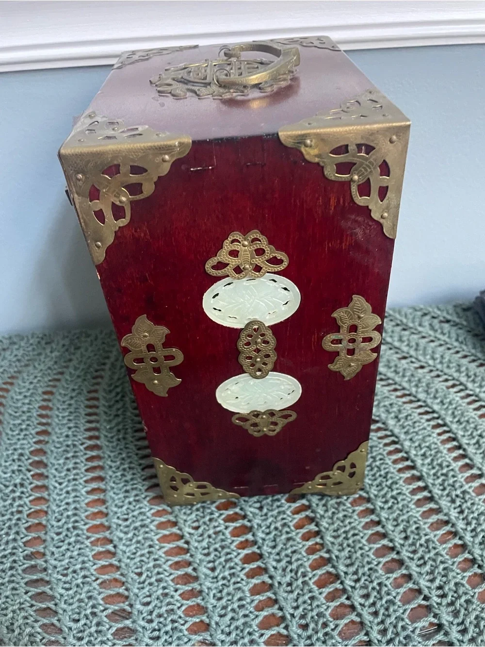 Vintage Chinese Carved Wood Jewelry Box With Jade Inlays & Brass Hardware